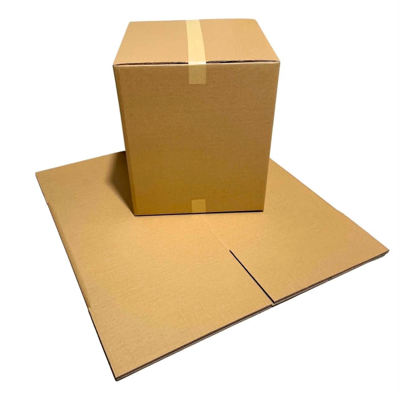 A flat cardboard layer pad cut to size, with an assembled box standing on it