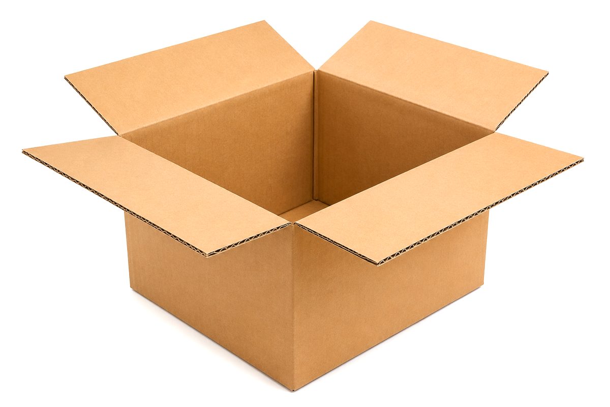 An empty heavy duty double wall cardboard box with all four top flaps open, showing the thick fluted corrugated board on every edge