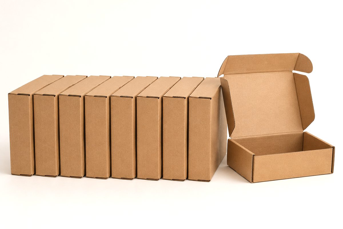 A row of identical small cardboard postal boxes with one open, showing a repeatable batch