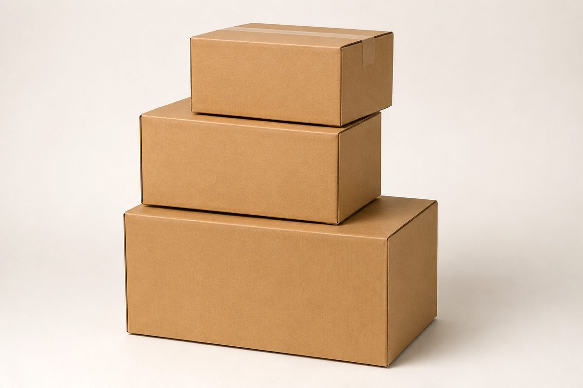 Three double wall cardboard moving boxes stacked, the top one sealed with tape