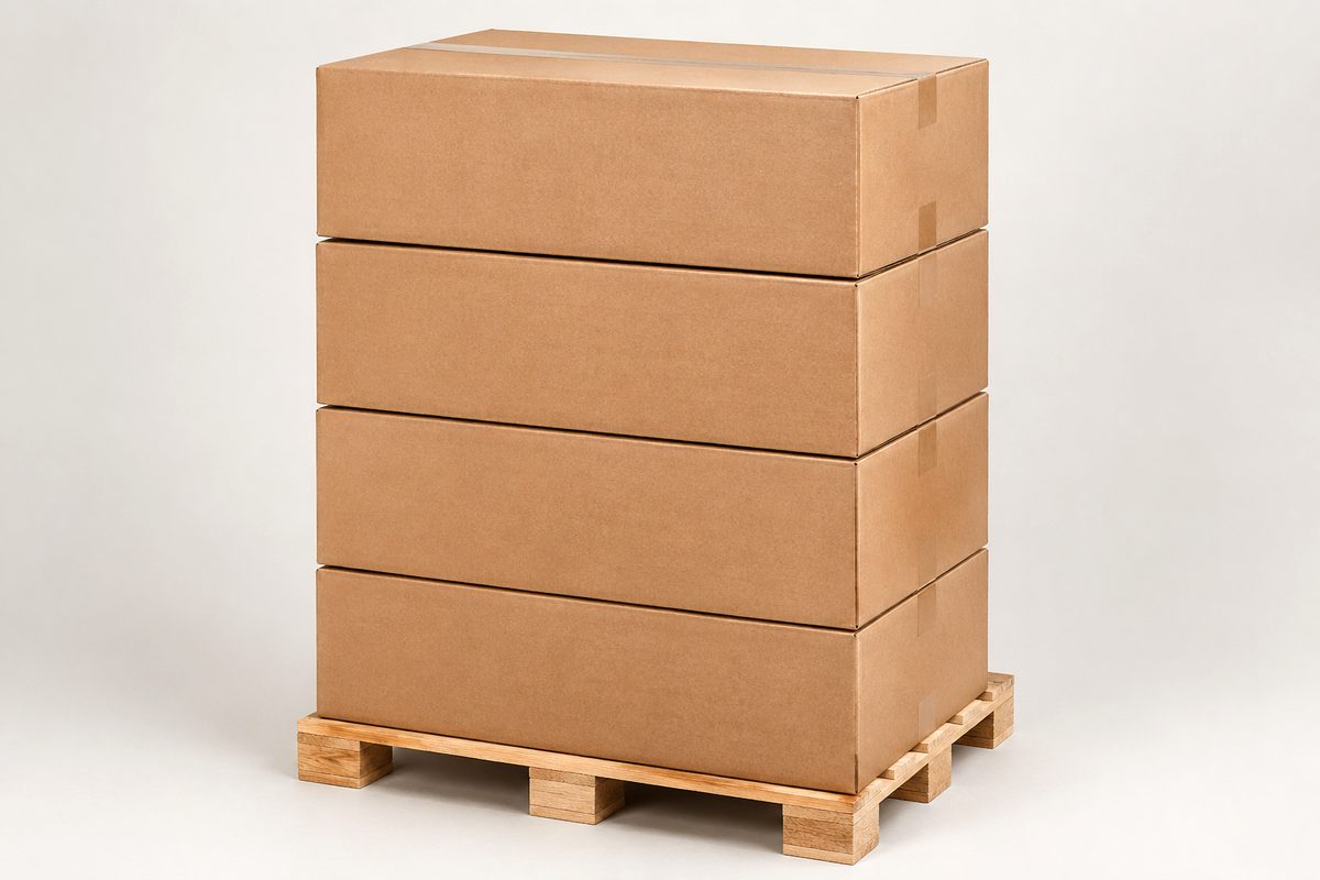 Large cardboard outer cases stacked four high on a wooden pallet